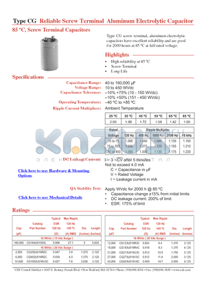 CG1551U150V4C datasheet - Reliable Screw Terminal Aluminum Electrolytic Capacitor 85 C, Screw Terminal Capacitors