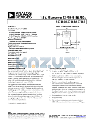 AD7466BRMZ datasheet - 1.6 V, Micropower 12-/10-/8-Bit ADCs