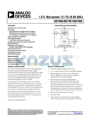 AD7466BRTZ-REEL7 datasheet - 1.6 V, Micropower 12-/10-/8-Bit ADCs