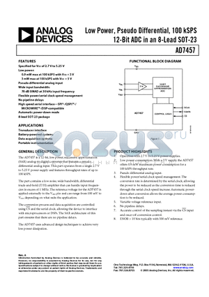 AD7457BRT-REEL7 datasheet - Low Power, Pseudo Differential, 100 kSPS