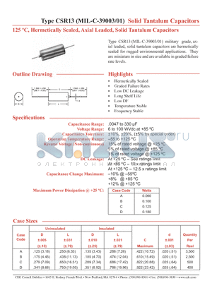 CSR13B187K datasheet - Solid Tantalum Capacitors 125 C, Hermetically Sealed, Axial Leaded, Solid Tantalum Capacitors