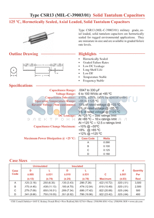 CSR13B337K datasheet - Solid Tantalum Capacitors 125 C, Hermetically Sealed, Axial Leaded, Solid Tantalum Capacitors