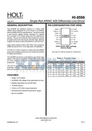 HI-8596PCT datasheet - Single-Rail ARINC 429 Differential Line Driver