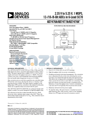 AD7476ABKS-REEL datasheet - 2.35 V to 5.25 V, 1 MSPS, 12-/10-/8-Bit ADCs in 6-Lead SC70