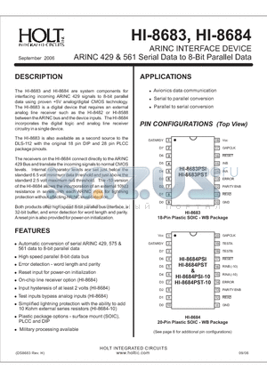 HI-8684PSI datasheet - ARINC INTERFACE DEVICE ARINC 429 & 561 Serial Data to 8-Bit Parallel Data