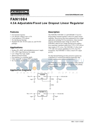 FAN1084T33 datasheet - 4.5A Adjustable/Fixed Low Dropout Linear Regulator