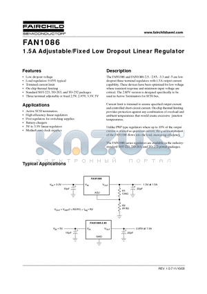 FAN1086S285X datasheet - 1.5A Adjustable/Fixed Low Dropout Linear Regulator