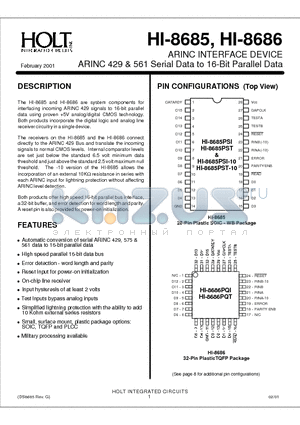 HI-8685PJI-10 datasheet - ARINC INTERFACE DEVICE ARINC 429& 561 SERIAL DATA TO 16-BIT PARALLEL DATA