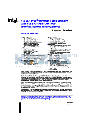 GT28F640W30B70 datasheet - 1.8 Volt Intel Wireless Flash Memory with 3 Volt I/O and SRAM (W30)