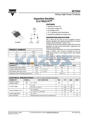 8ETH03 datasheet - Hyperfast Rectifier, 8 A FRED PtTM