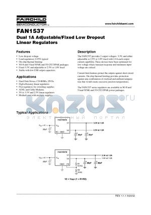 FAN1537PB datasheet - Dual 1A Adjustable/Fixed Low Dropout Linear Regulators