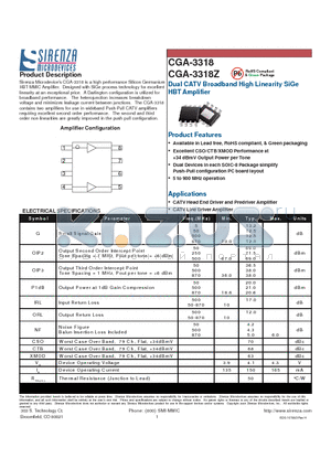 CGA-3318Z datasheet - Dual CATV Broadband High Linearity SiGe HBT Amplifier