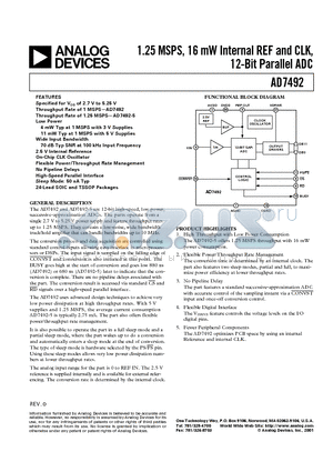 AD7492 datasheet - 1.25 MSPS, 16 mW Internal REF and CLK, 12-Bit Parallel ADC