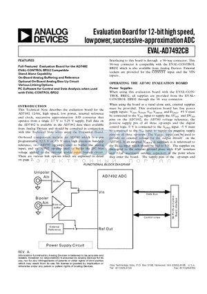 AD7492CB datasheet - Evaluation Board for 12-bit high speed, low power, successive-approximation ADC