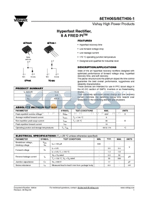 8ETH06-1TRL datasheet - Hyperfast Rectifier, 8 A FRED PtTM