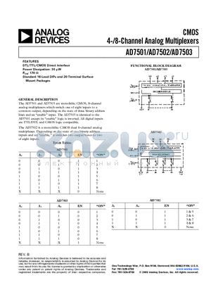 AD7501KQ datasheet - CMOS 4/8 Channel Analog Multiplexers