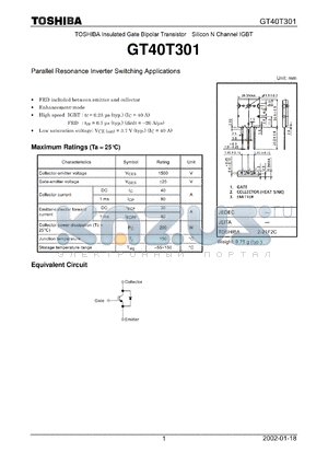 GT40T301 datasheet - Insulated Gate Bipolar Transistor Silicon N Channel IGBT