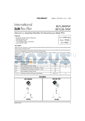 8ETL06-1PBF datasheet - Ultra-low VF Hyperfast Rectifier for Discontinuous Mode PFC