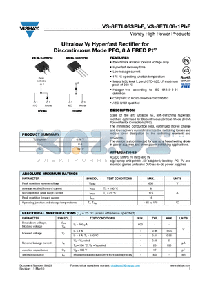 8ETL06-1TRLPBF datasheet - Ultralow VF Hyperfast Rectifier for Discontinuous Mode PFC, 8 A FRED Pt