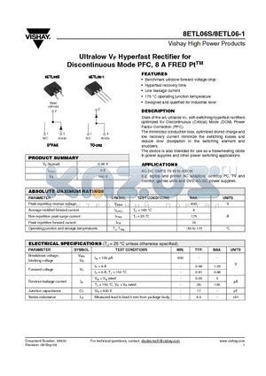 8ETL06-1TRR datasheet - Ultralow VF Hyperfast Rectifier for Discontinuous Mode PFC, 8 A FRED PtTM
