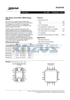 HI1-0201HS-4 datasheet - High Speed, Quad SPST, CMOS Analog Switch