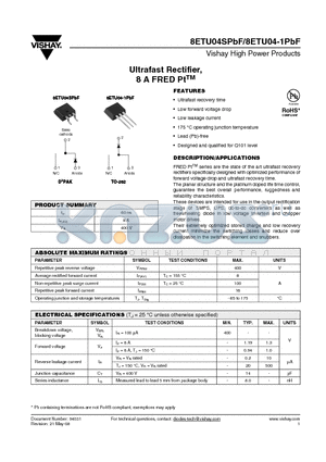 8ETU04SPBF datasheet - Ultrafast Rectifier, 8 A FRED PtTM