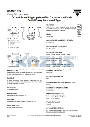 KP375 datasheet - AC and Pulse Polypropylene Film Capacitors KP/MKP Radial Epoxy Lacquered Type