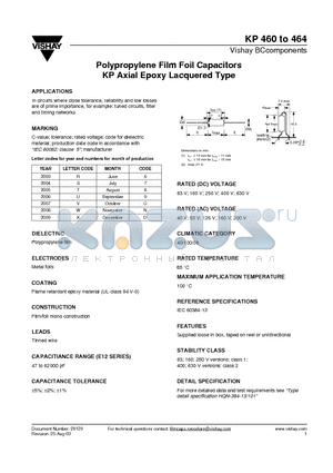 KP460 datasheet - Polypropylene Film Foil Capacitors KP Axial Epoxy Lacquered Type
