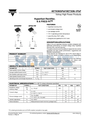 8ETX06-1PBF datasheet - Hyperfast Rectifier, 8 A FRED PtTM