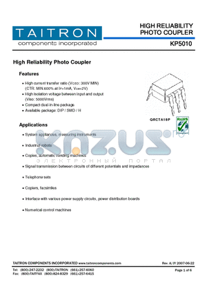 KP5010 datasheet - High Reliability Photo Coupler