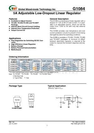 G1084 datasheet - 5A Adjustable Low-Dropout Linear Regulator