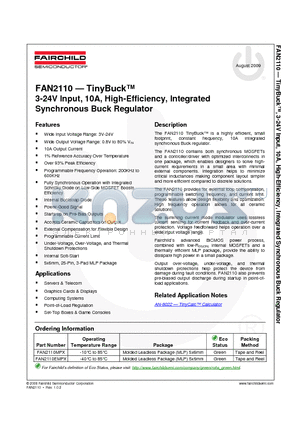 FAN2110 datasheet - TinyBuck, 3-24V Input, 10A, High-Efficiency, Integrated Synchronous Buck Regulator