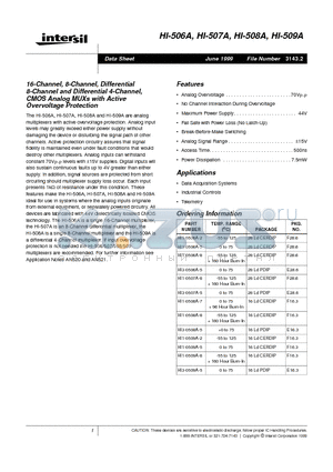 HI1-0509A-2 datasheet - 16-Channel, 8-Channel, Differential 8-Channel and Differential 4-Channel, CMOS Analog MUXs with Active Overvoltage Protection