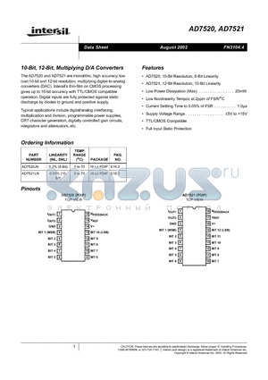 AD7521LN datasheet - 10-Bit, 12-Bit, Multiplying D/A Converters