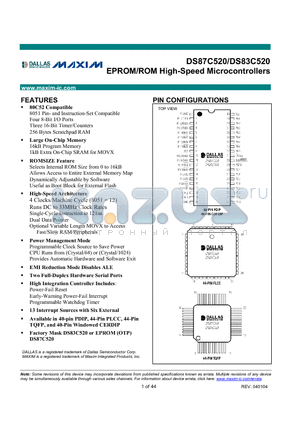 DS87C520-MNL datasheet - EPROM/ROM High-Speed Microcontrollers