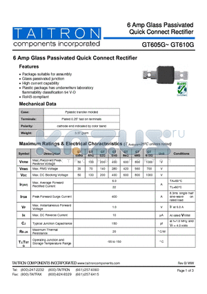 GT610G datasheet - 6 Amp Glass Passivated Quick Connect Rectifier