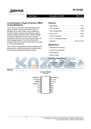 HI1-1828A-2 datasheet - Low Resistance, Single 8-Channel, and Differential 4-Channel, CMOS Analog Multiplexers