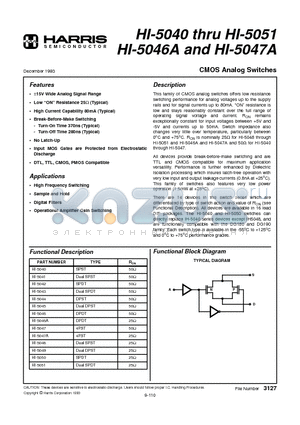 HI1-5040/883 datasheet - 15V/-15V Wide Analog Signal Range, High Current Capability 80mA (Typical)