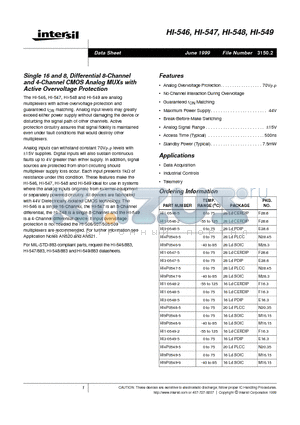 HI1-0546-5 datasheet - Single 16 and 8, Differential 8-Channel and 4-Channel CMOS Analog MUXs with Active Overvoltage Protection