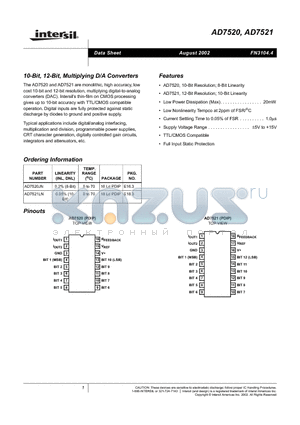 AD7520_02 datasheet - 10-Bit, 12-Bit, Multiplying D/A Converters