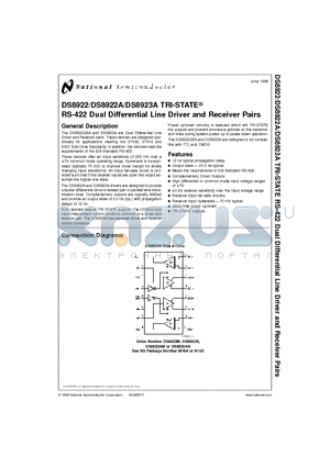 DS8922N datasheet - TRI-STATE RS-422 Dual Differential Line Driver and Receiver Pairs