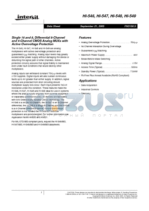 HI1-0548-5 datasheet - Single 16 and 8, Differential 8-Channel and 4-Channel CMOS Analog MUXs with Active Overvoltage Protection