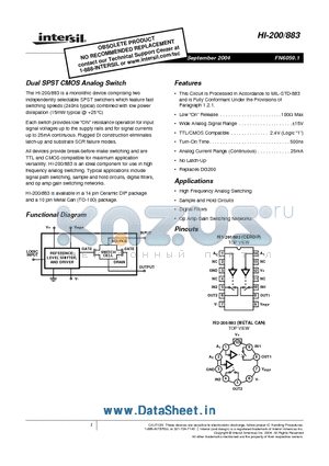 HI1-200/883 datasheet - The HI-200/883 is a monolithic device comprising two independently selectable SPST switchers which feature fast switching speeds