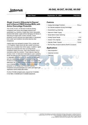 HI1-0546-5 datasheet - Single 16 and 8, Differential 8-Channel and 4-Channel CMOS Analog MUXs with Active Overvoltage Protection