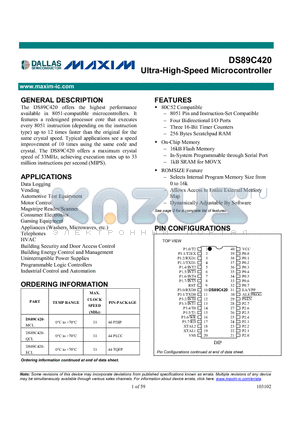 DS89C420-MCL datasheet - Ultra-High-Speed Microcontroller