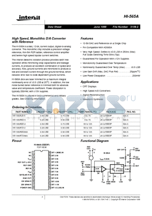 HI1-565AKD-5 datasheet - High Speed, Monolithic D/A Converter with Reference