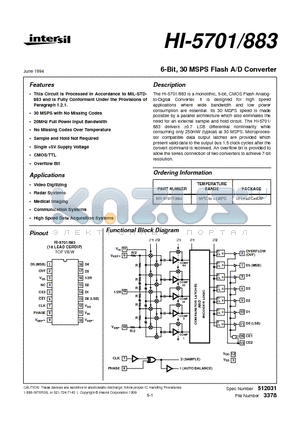 HI1-5701T/883 datasheet - 6-Bit, 30 MSPS Flash A/D Converter