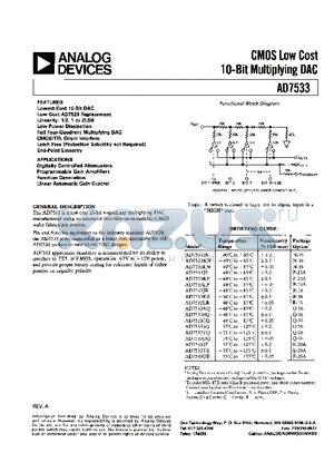 AD7533JN datasheet - CMOS LOW COST 10-BIT MULTIPLYING DAC