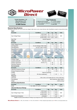 G113R datasheet - Tightly Regulated, 1W Ultra-Miniature DIP DC/DC Converters