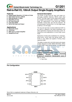 G1201 datasheet - Rail-to-Rail I/O, 100mA Output Single-Supply Amplifiers